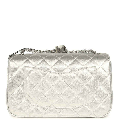 Chanel mini CC flap bag rear view in silver metallic with quilted diamond pattern