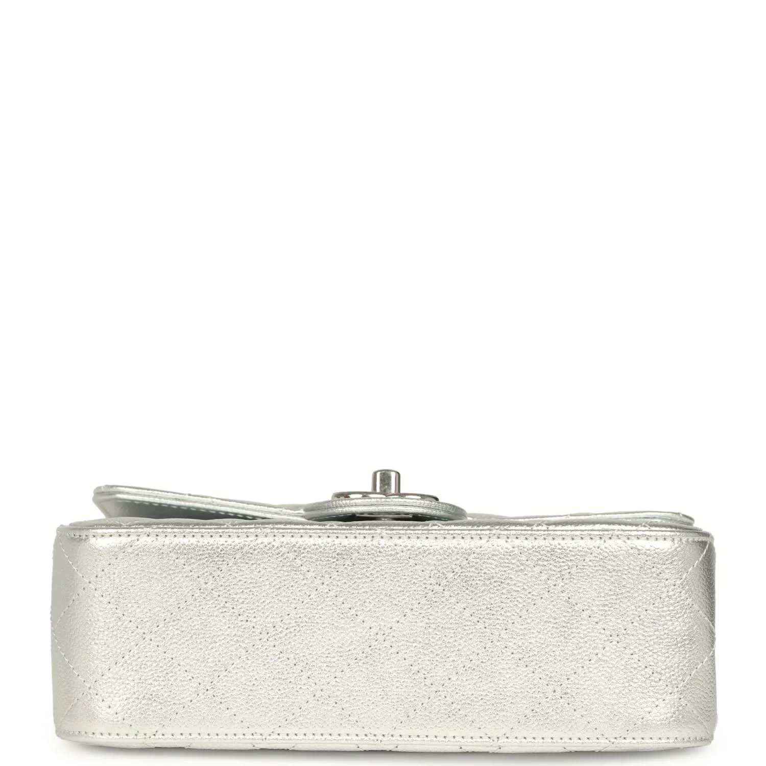 Chanel mini CC flap bag base in silver metallic leather with central top hardware