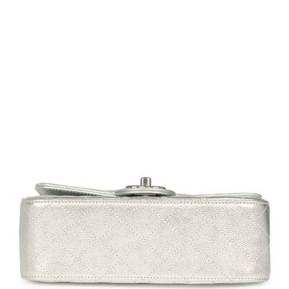 Chanel mini CC flap bag base in silver metallic leather with central top hardware