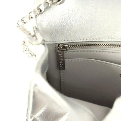 Chanel mini CC flap bag, silver metallic caviar, visible zipper and lining