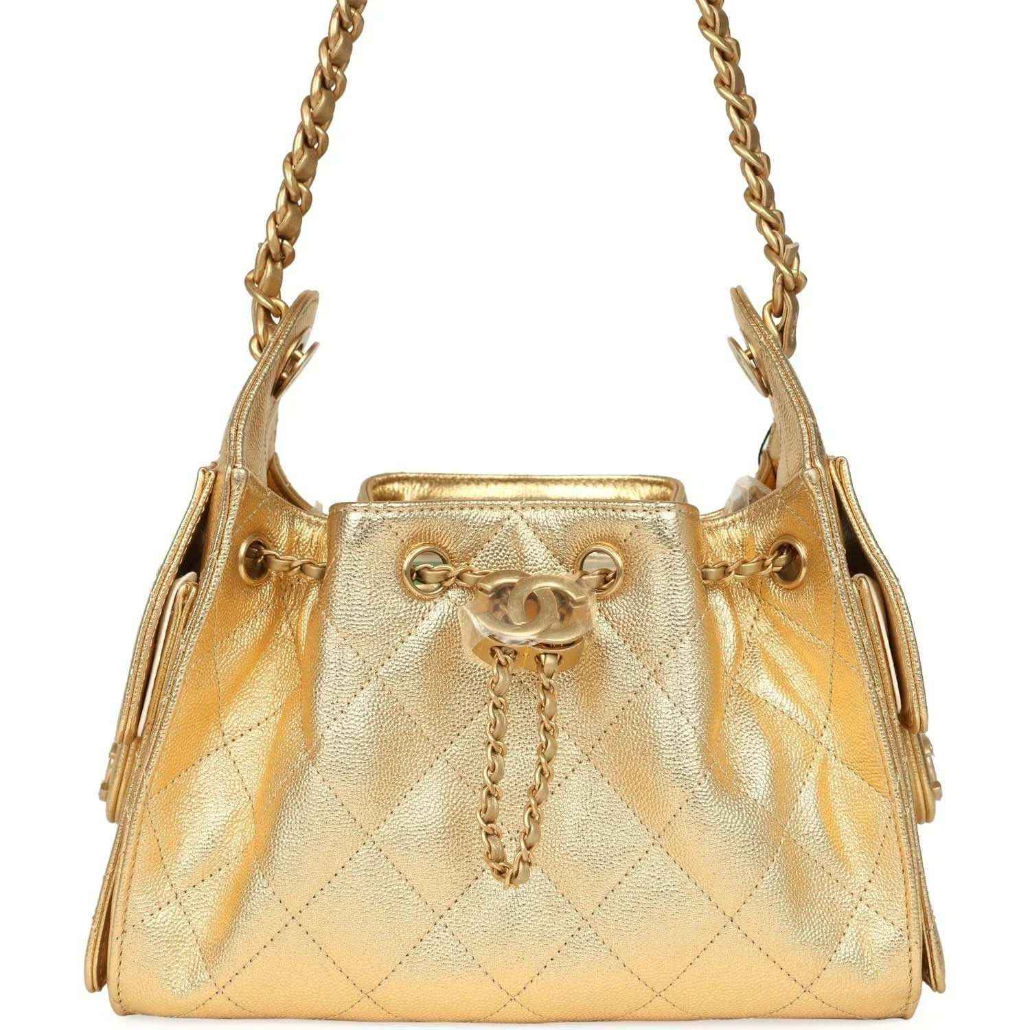 Chanel mini hobo bag in metallic gold quilted caviar leather with chain handles
