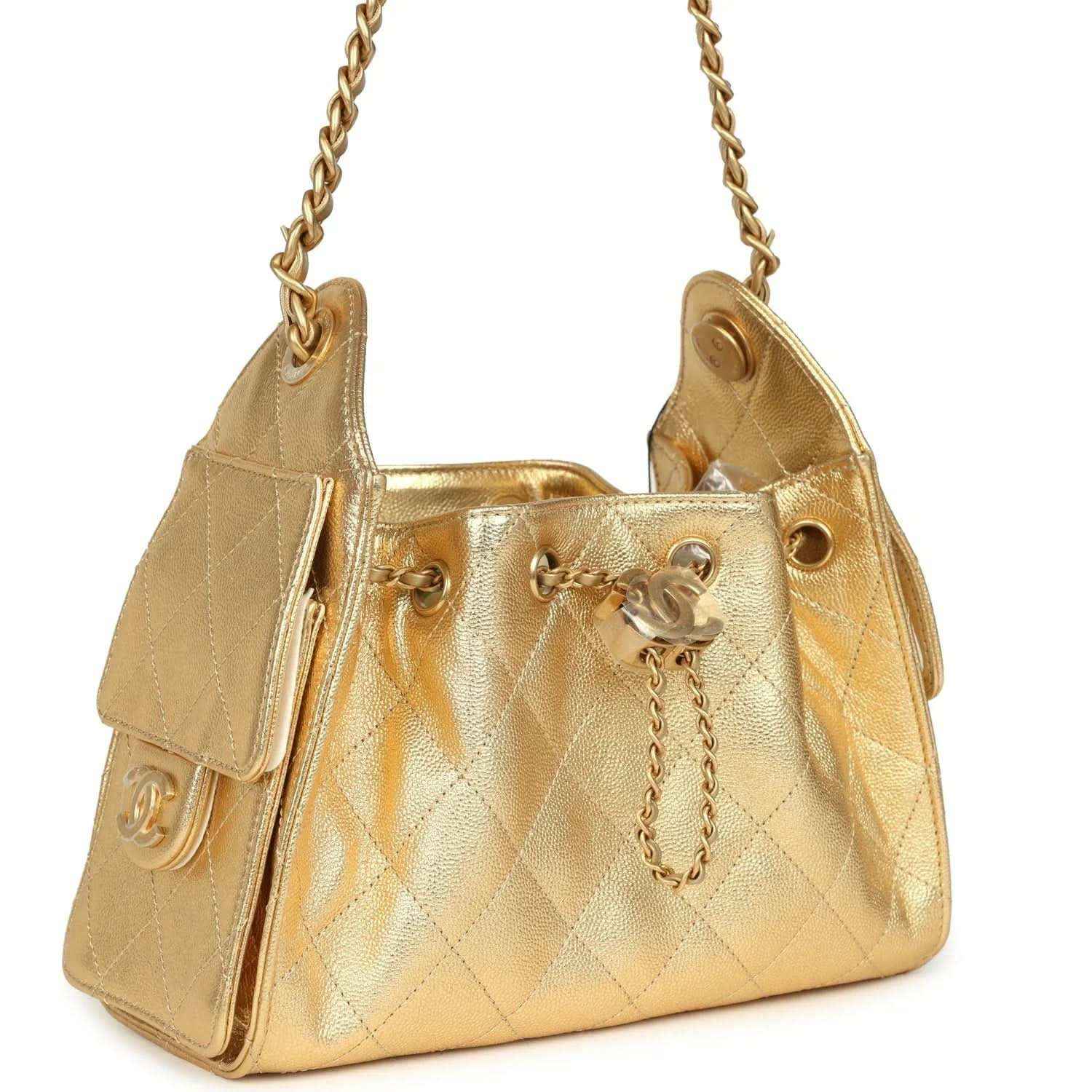 Chanel mini hobo bag in metallic gold quilted caviar with gold tone hardware