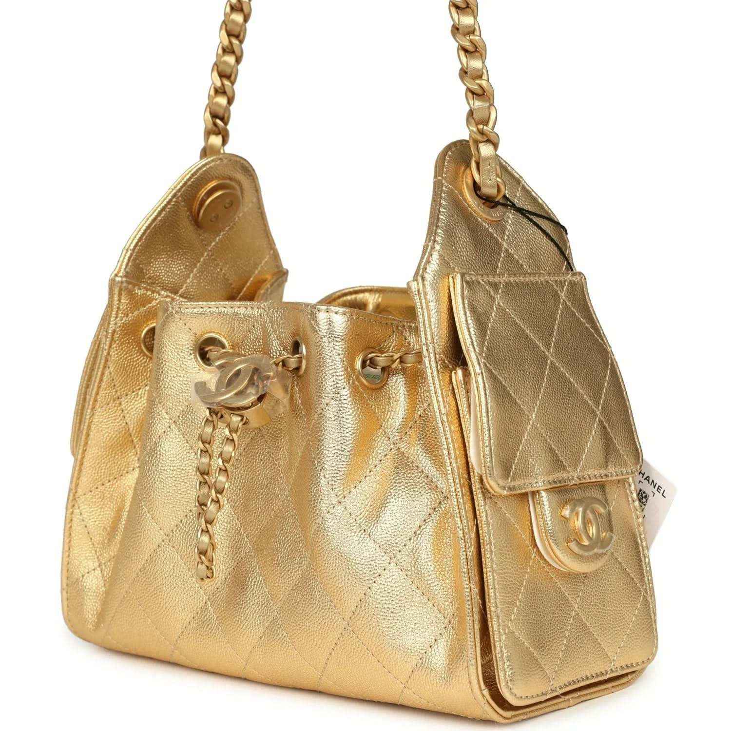 Chanel mini hobo bag with metallic gold quilted caviar and front logo clasp