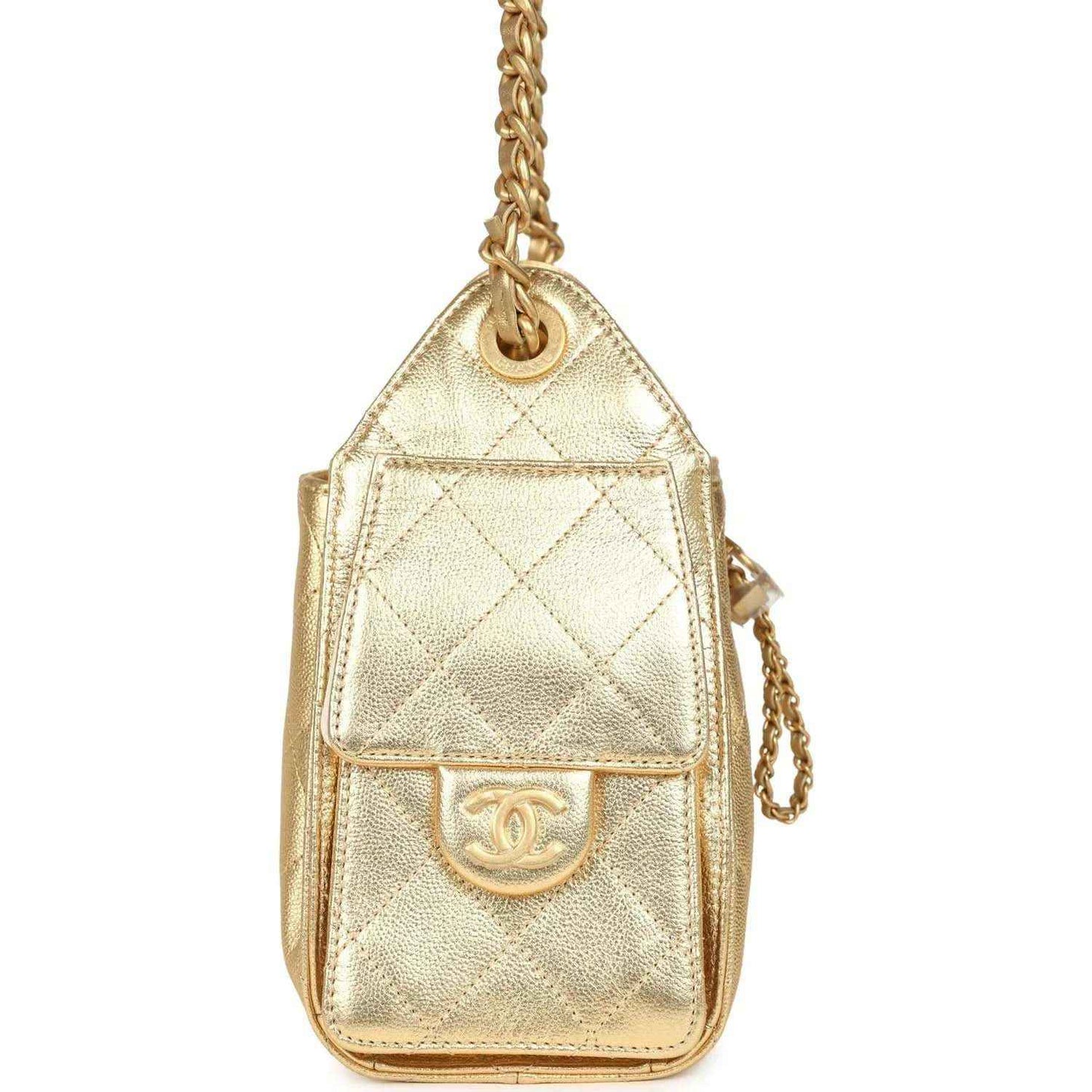 Chanel mini hobo bag charm pouch in metallic gold quilted caviar with chain