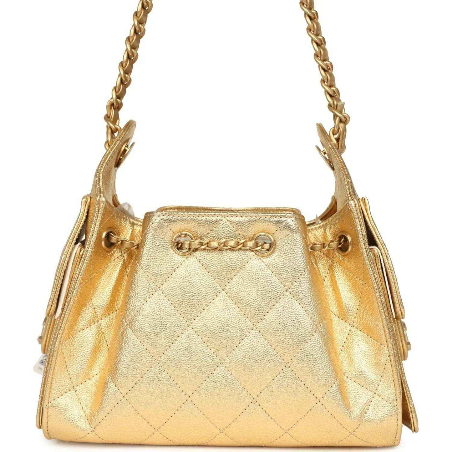 Chanel mini hobo bag in metallic gold quilted caviar leather with top chain strap