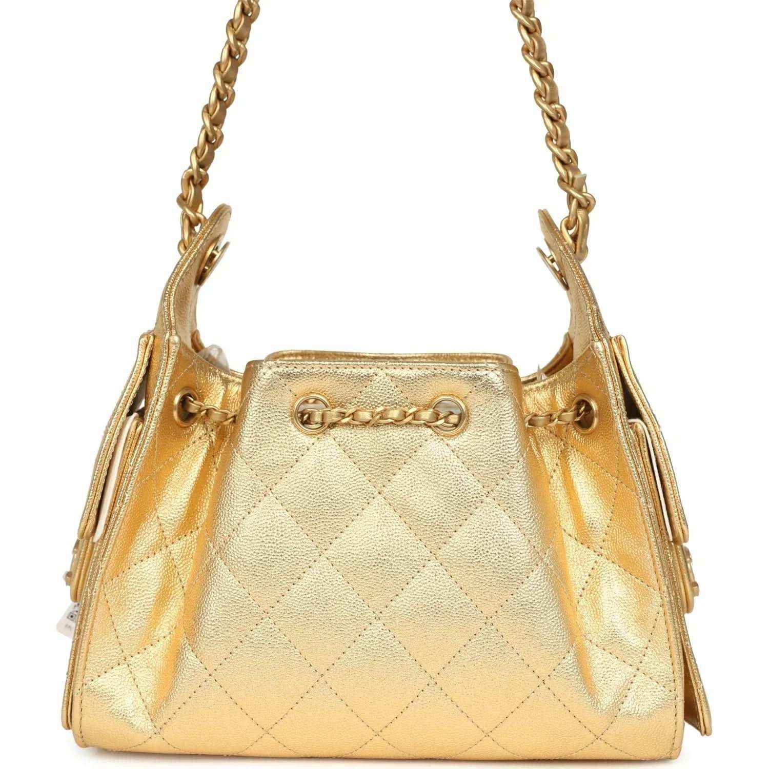 Chanel mini hobo bag in metallic gold quilted caviar leather with top chain strap