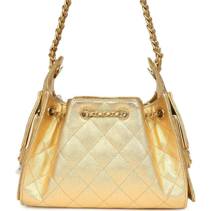 Chanel mini hobo bag in metallic gold quilted caviar leather with top chain strap