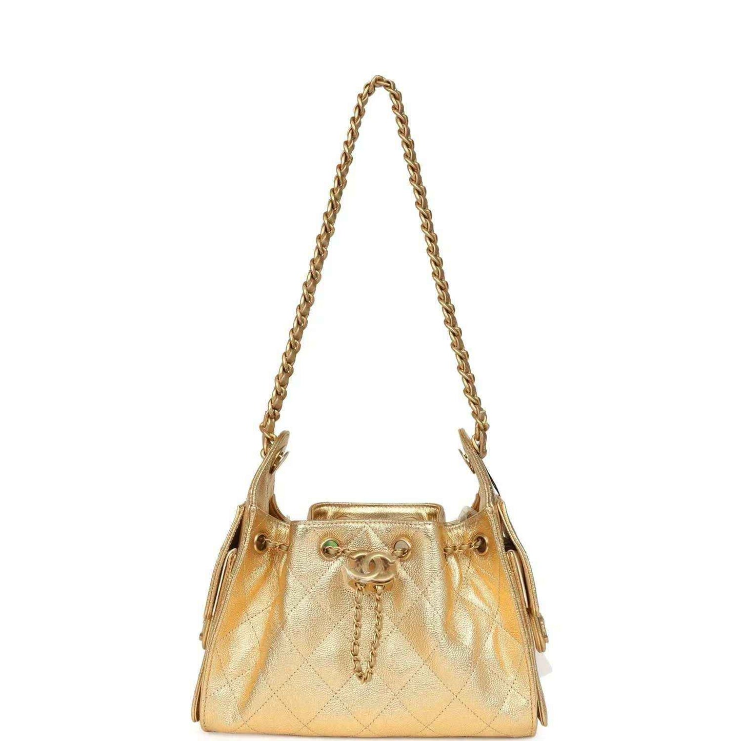 Chanel mini hobo bag small silhouette in metallic gold quilted caviar with chain