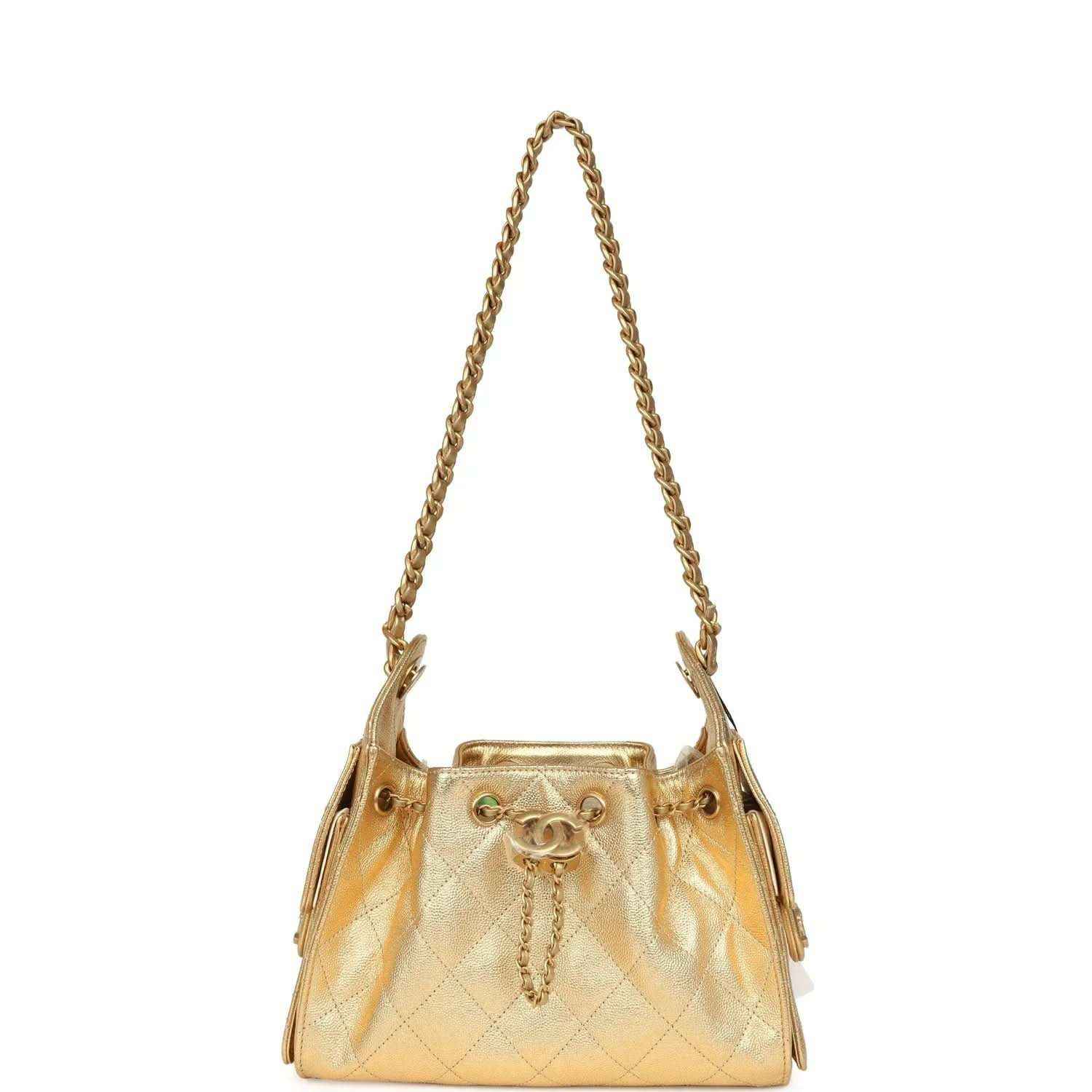 Chanel mini hobo bag small silhouette in metallic gold quilted caviar with chain