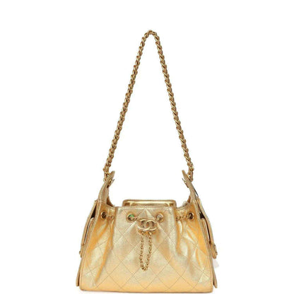 Chanel mini hobo bag small silhouette in metallic gold quilted caviar with chain