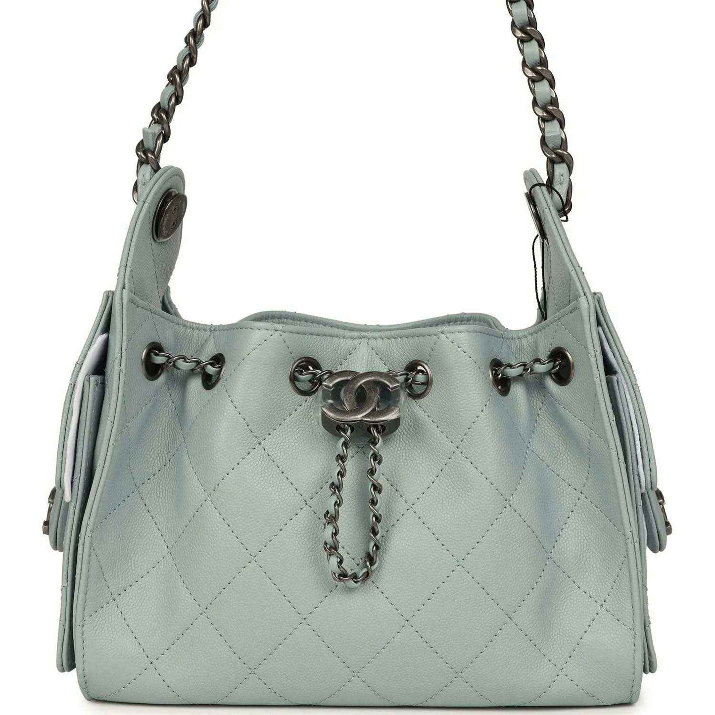 Light blue quilted mini hobo bag with chain shoulder strap and turn-lock hardware