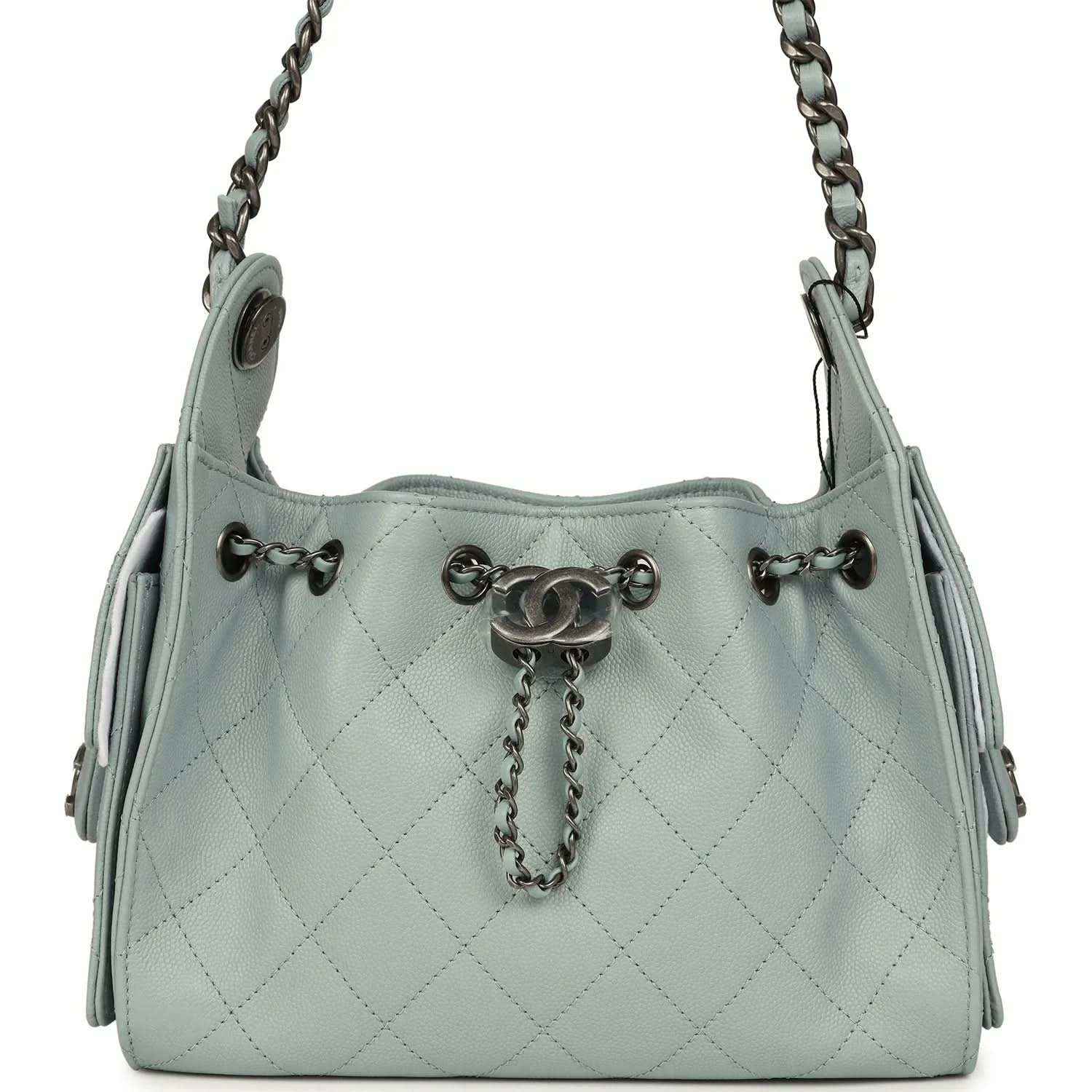 Light blue quilted mini hobo bag with chain shoulder strap and turn-lock hardware