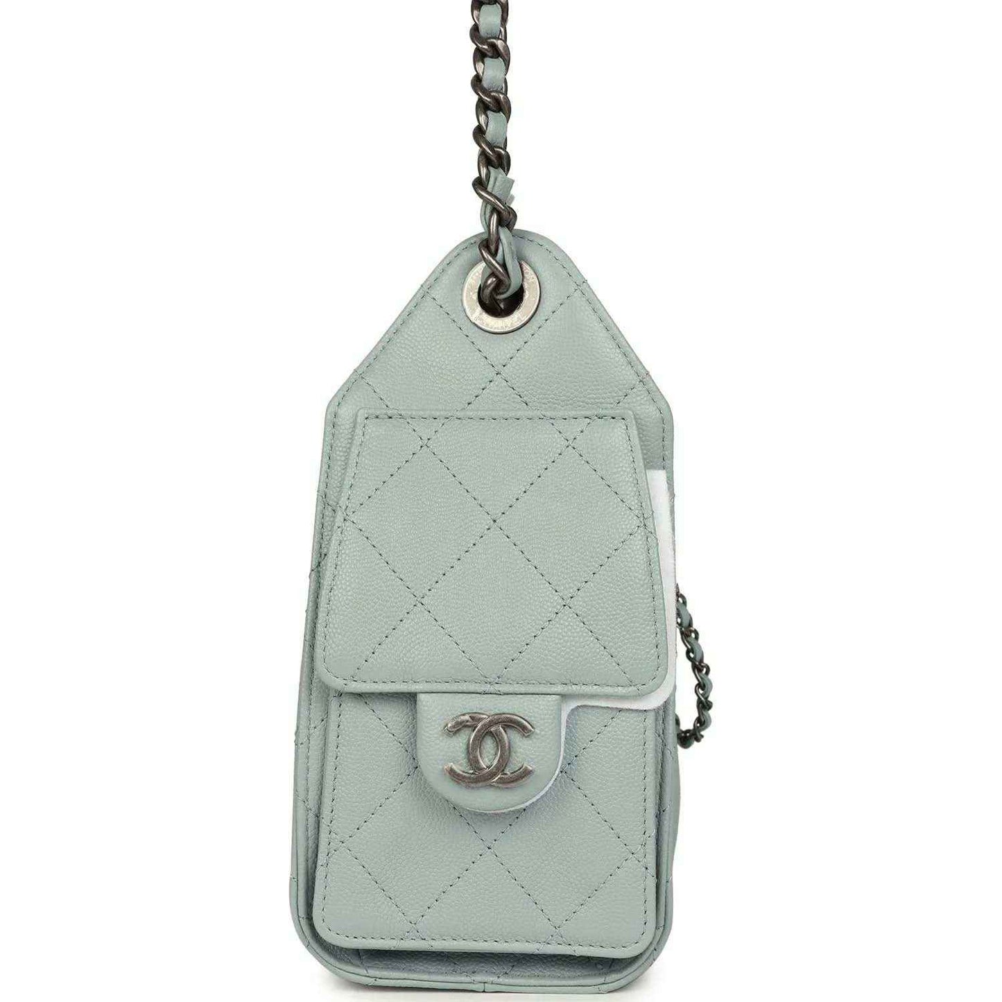 Light blue quilted mini hobo bag with vertical snap tab and chain strap