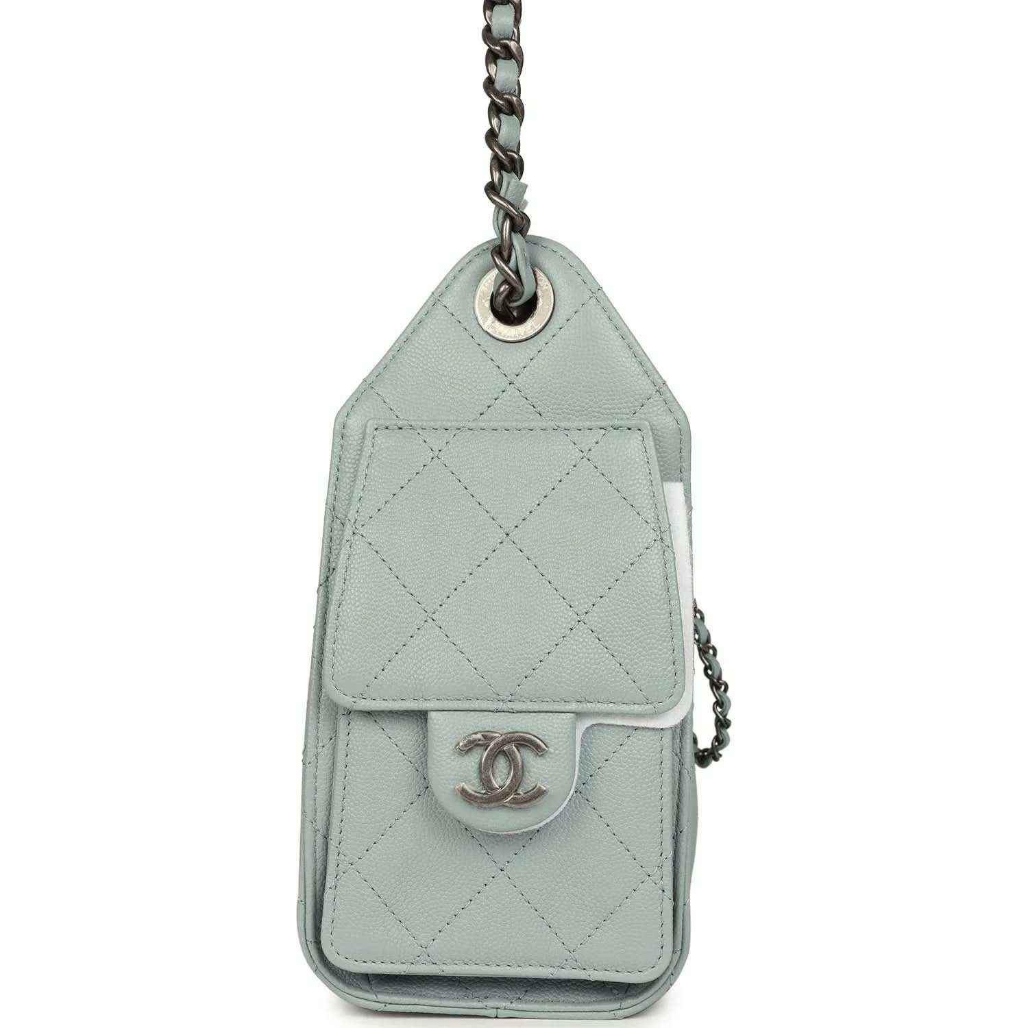 Light blue quilted mini hobo bag with vertical snap tab and chain strap