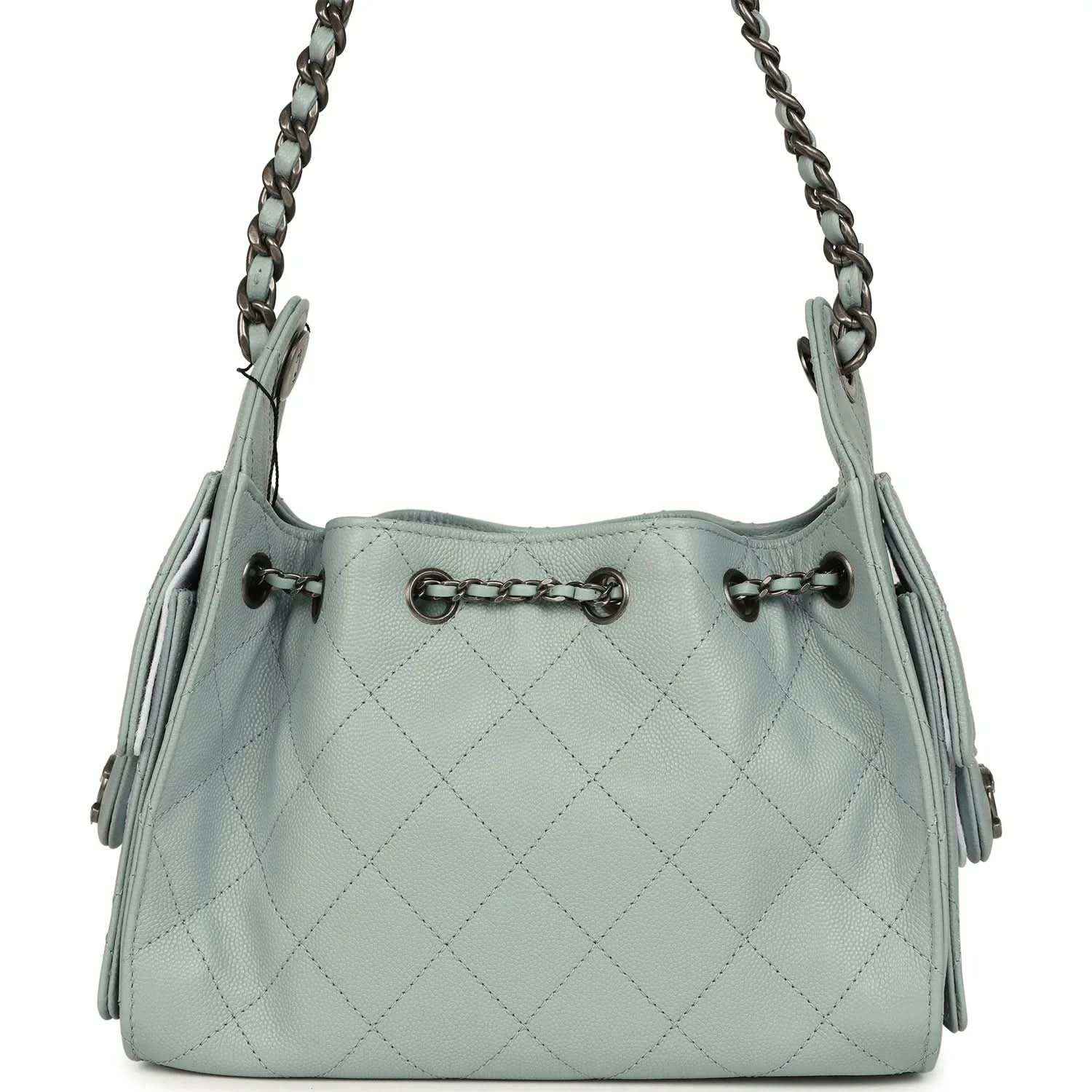 Light blue quilted mini hobo bag with chain shoulder straps and side snap pockets