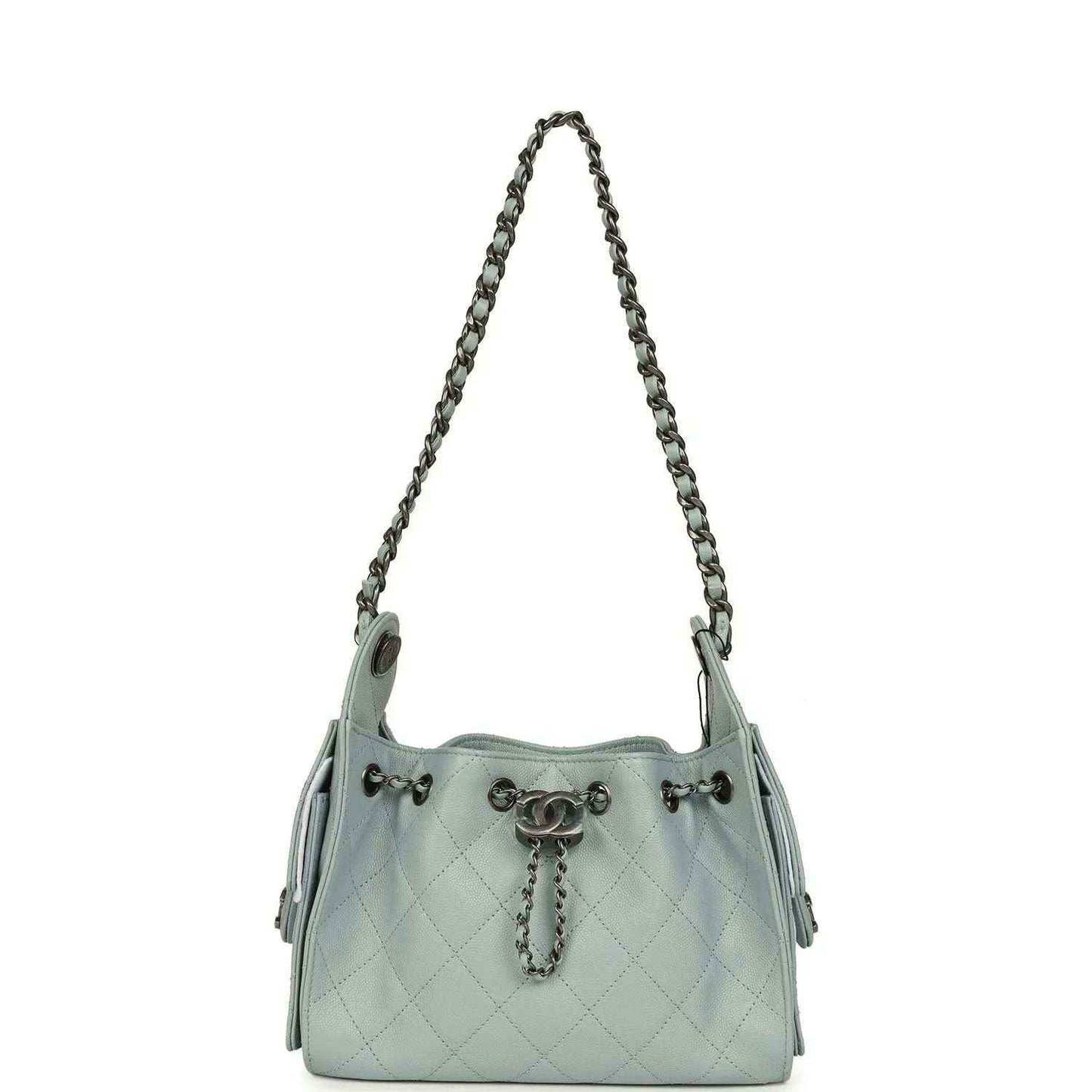 Light blue quilted mini hobo bag with chain shoulder strap and side snap tabs