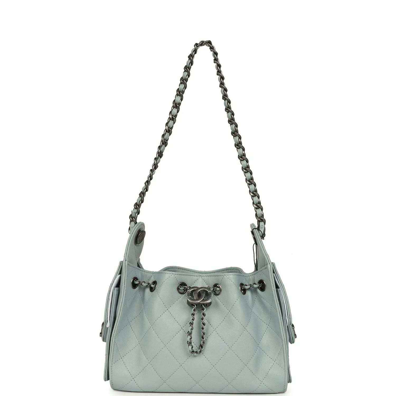 Light blue quilted mini hobo bag with chain shoulder strap and side snap tabs