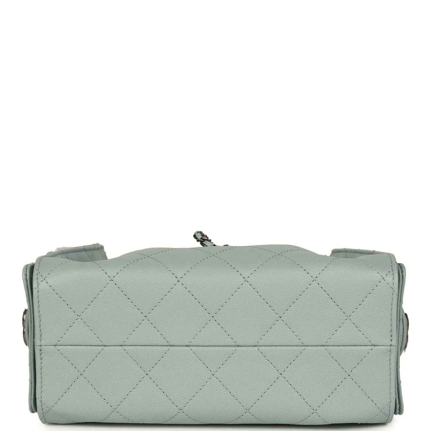 Light blue quilted mini hobo bag back panel with small top loop and chain straps