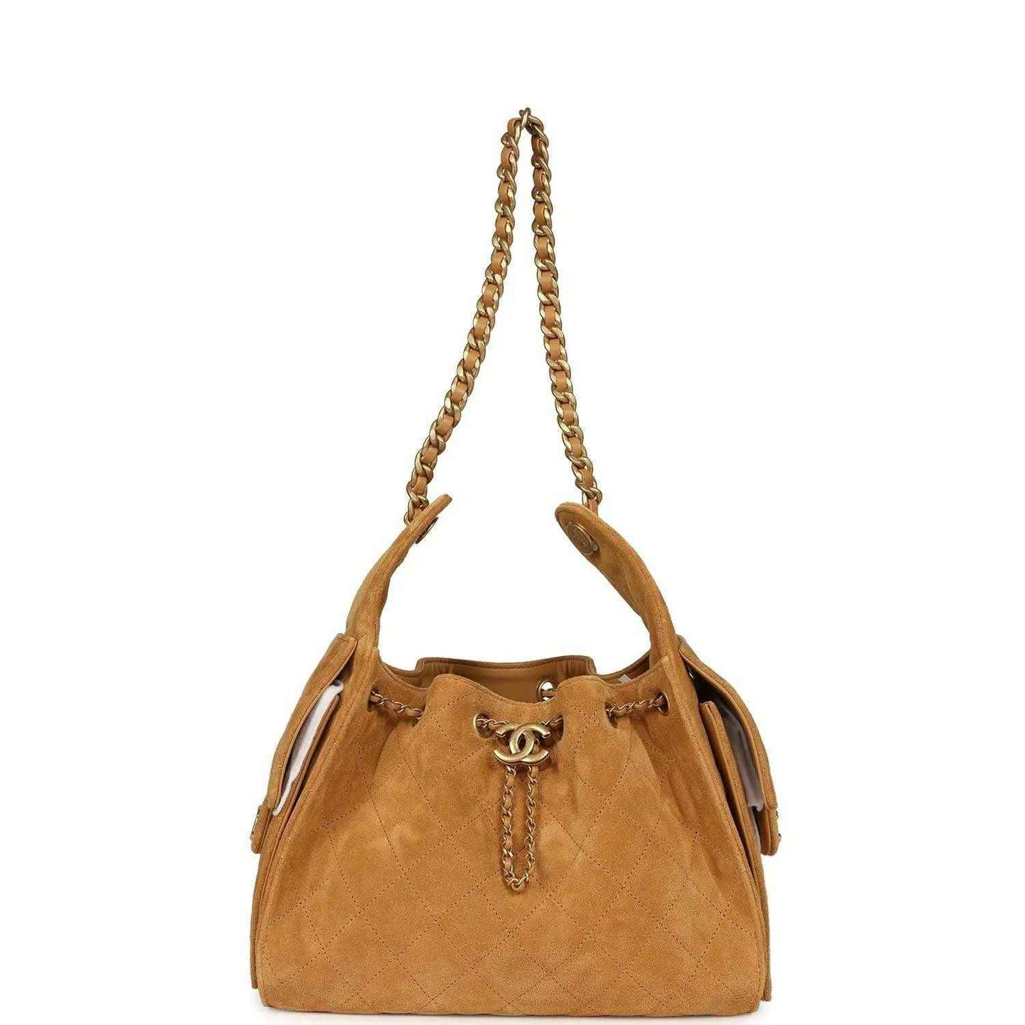 Tan suede mini hobo bag with antique gold chain straps and front CC turn-lock charm