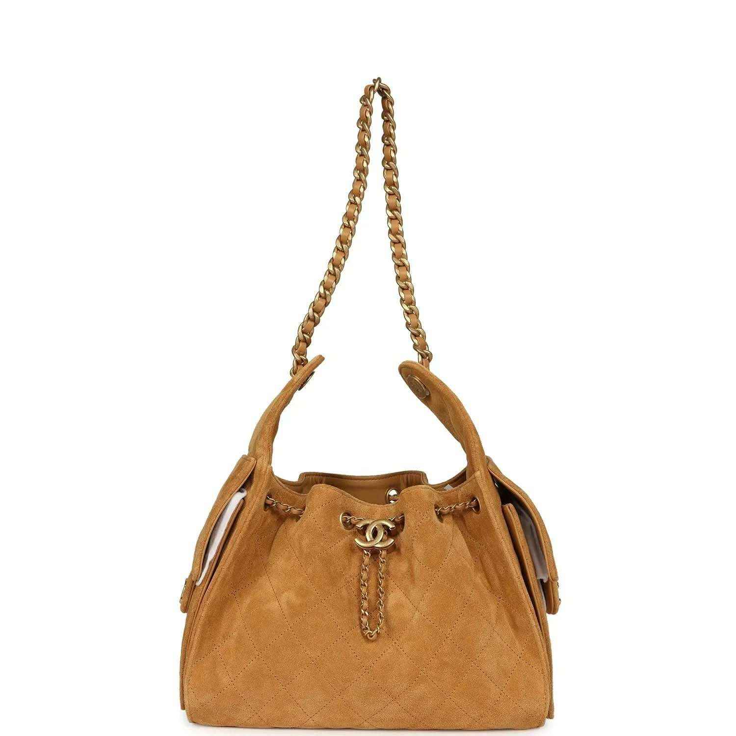 Tan suede mini hobo bag with antique gold chain straps and front CC turn-lock charm