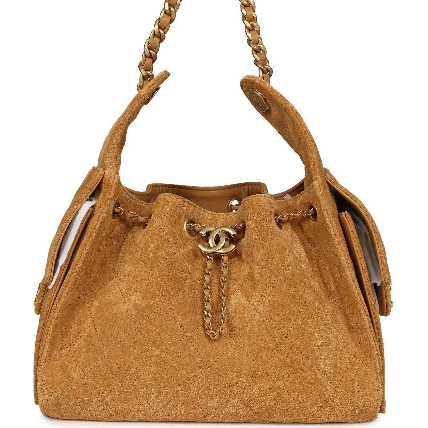 Tan suede hobo bag with antique gold chain handles and CC turn-lock charm