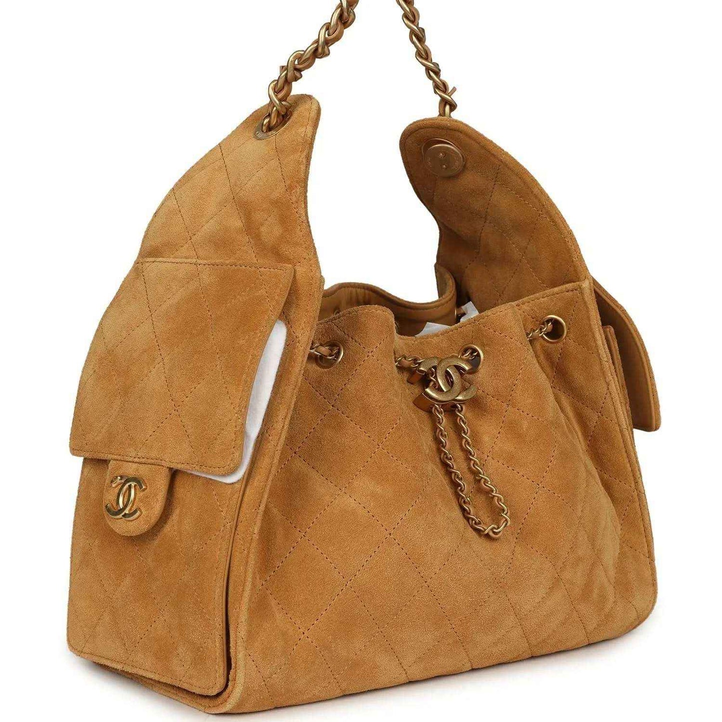 Tan suede hobo bag with open sides, antique gold chain and CC turn-lock hardware