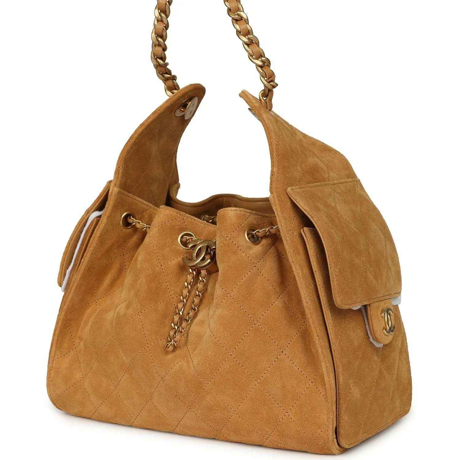 Tan suede hobo bag with drawstring cord, antique gold chain and CC charm details