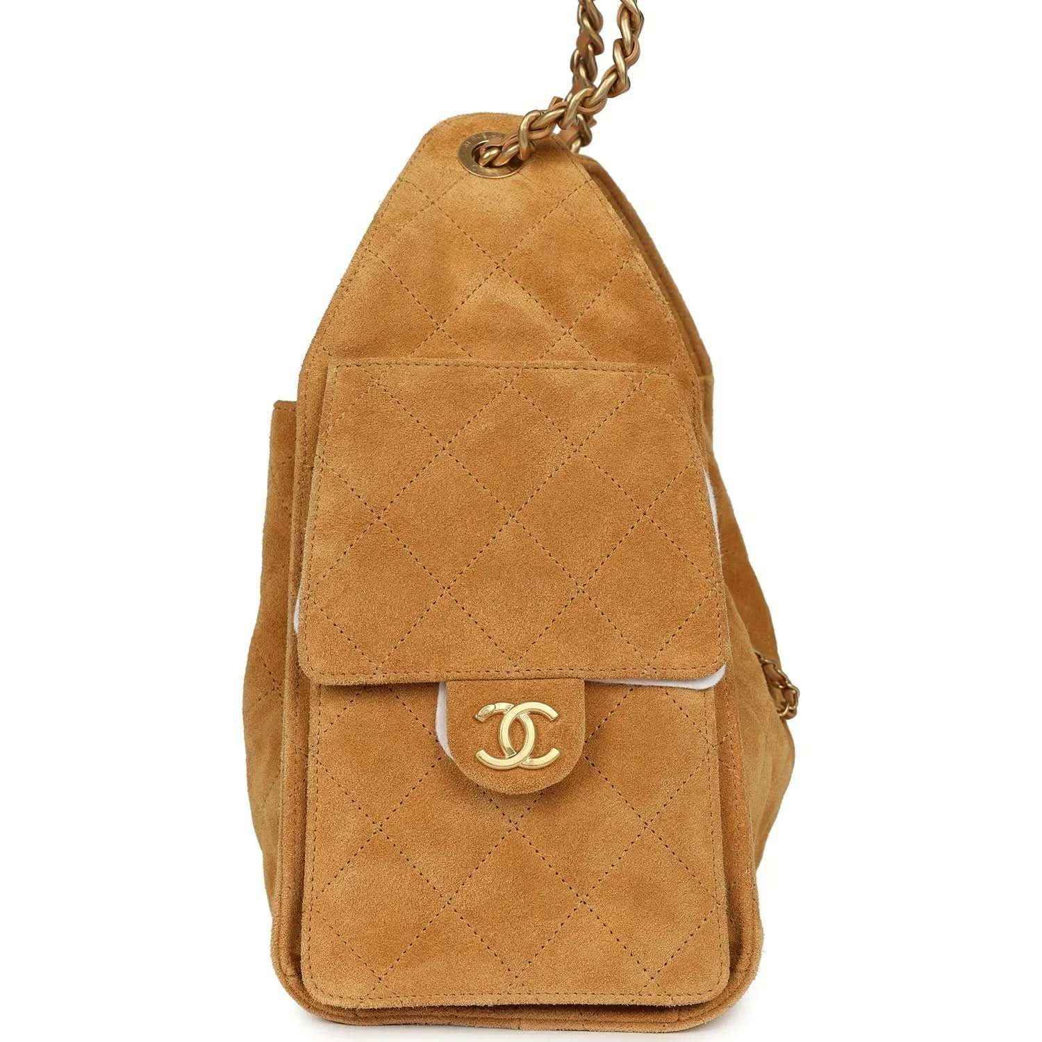 Tan suede mini bag with flap and front CC turn-lock medallion, antique gold chain