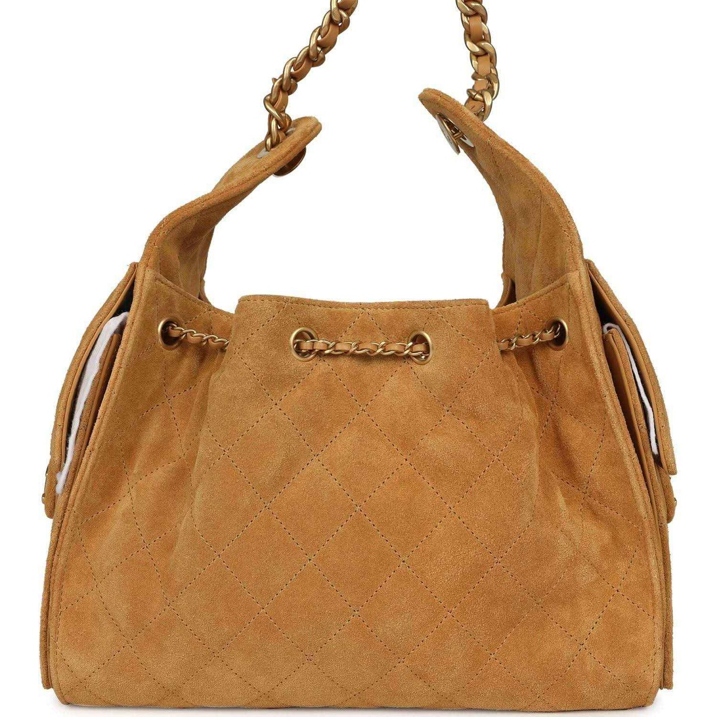 Tan suede hobo bag with antique gold chain handles and drawstring cord closures