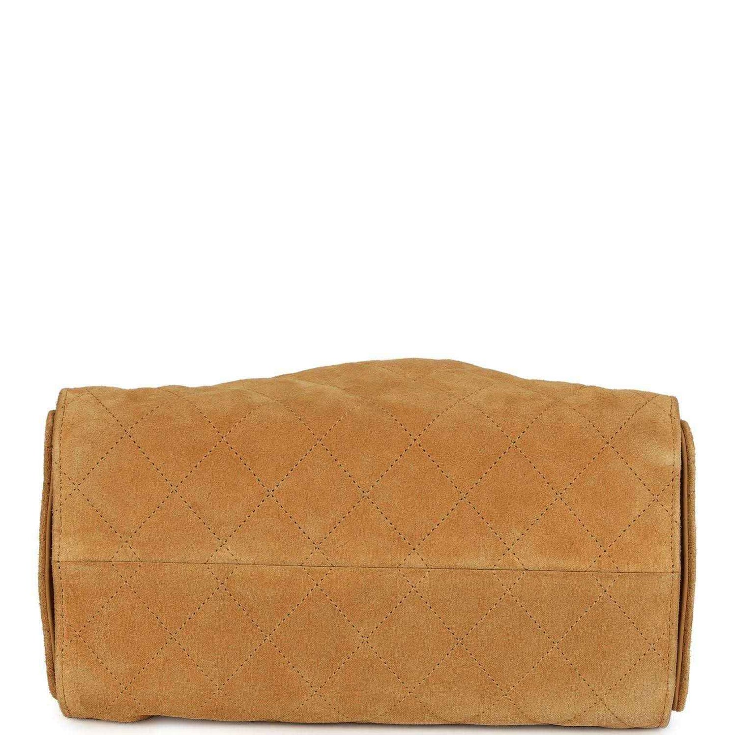 Tan quilted suede hobo bag with rounded back and stitched flap panel
