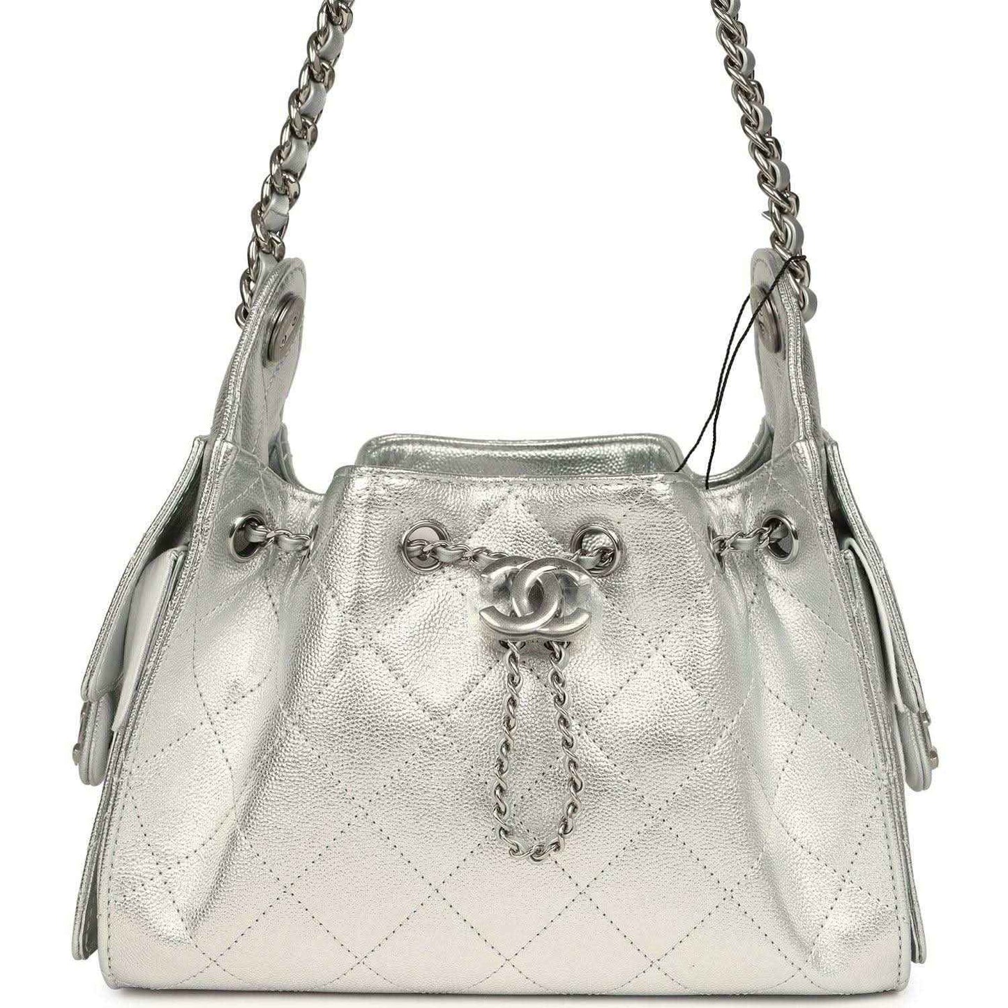 Metallic silver mini hobo bag with quilted caviar texture, chain strap, logo clasp