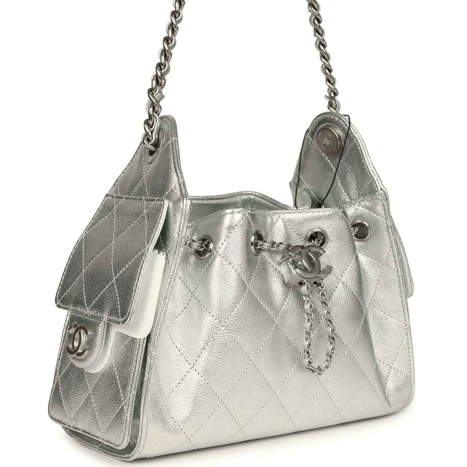 Metallic silver mini hobo bag with quilted caviar pattern, chain strap, dangling charm