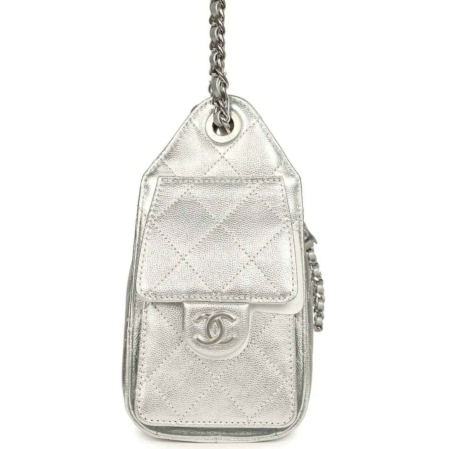 Metallic silver mini hobo bag with quilted texture, front flap, chain strap ring