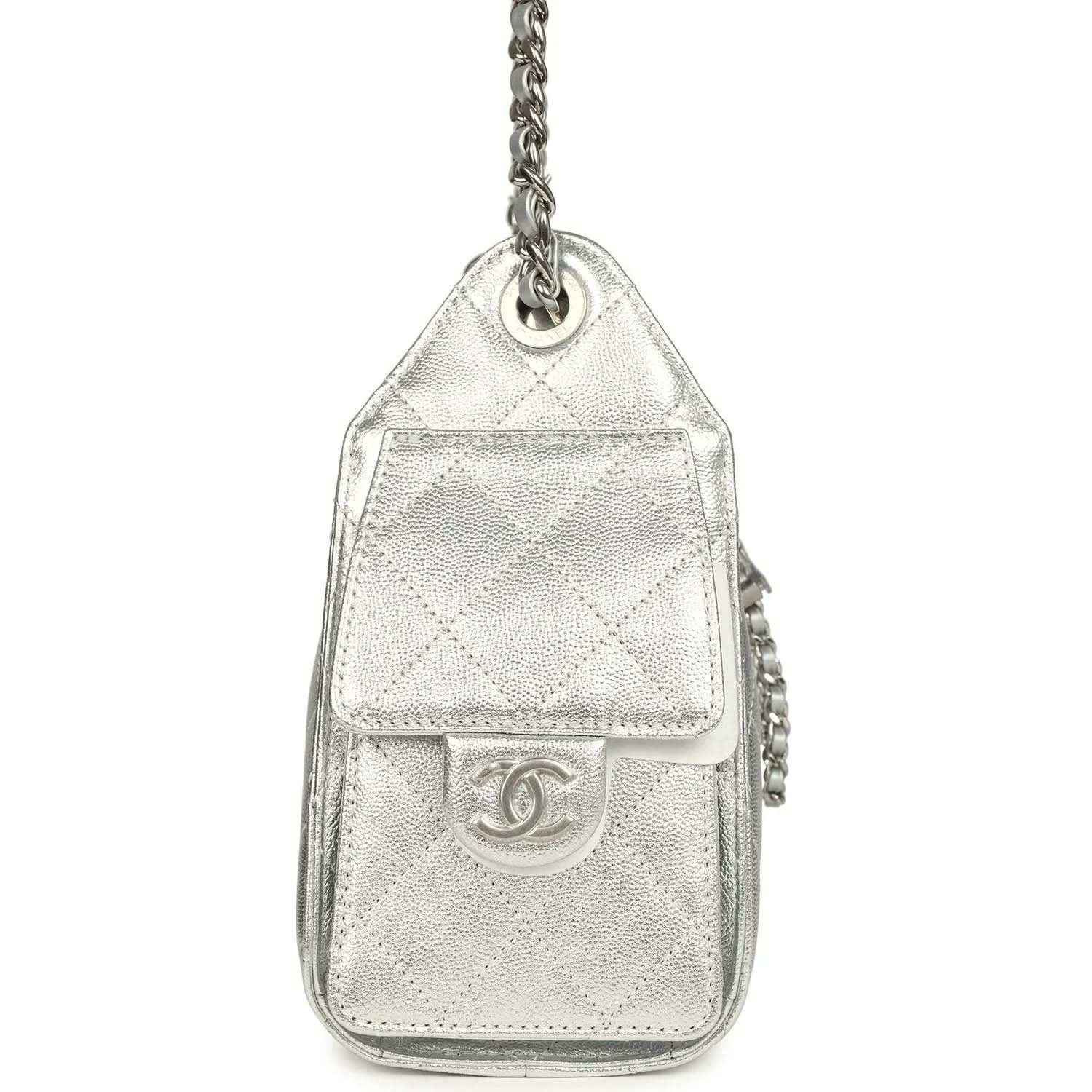 Metallic silver mini hobo bag with quilted texture, front flap, chain strap ring
