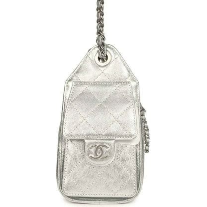 Metallic silver mini hobo bag with quilted texture, front flap, chain strap ring