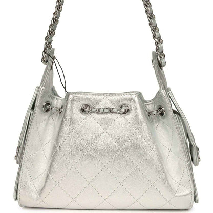 Metallic silver mini hobo bag with quilted caviar pattern, chain handles, turn-lock hardware