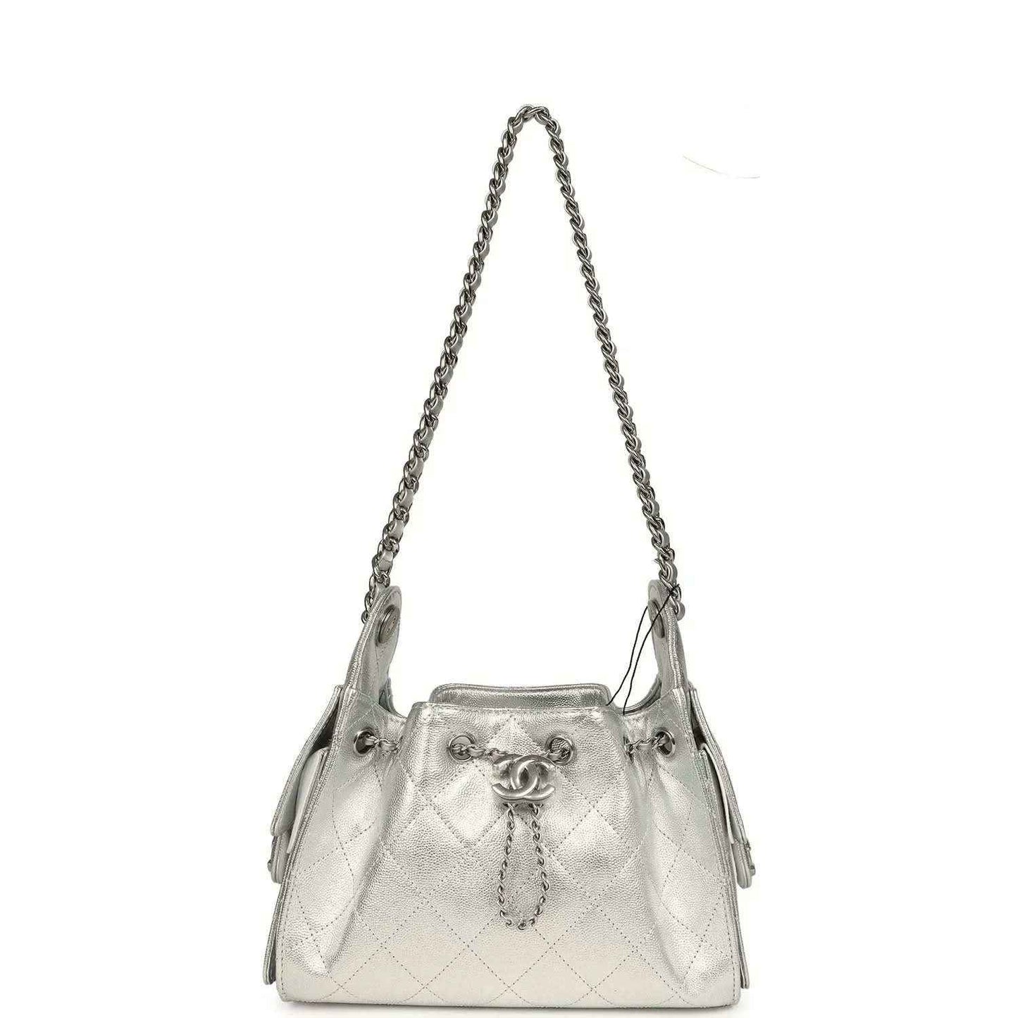 Metallic silver mini hobo bag with quilted caviar texture, chain strap and side tassel