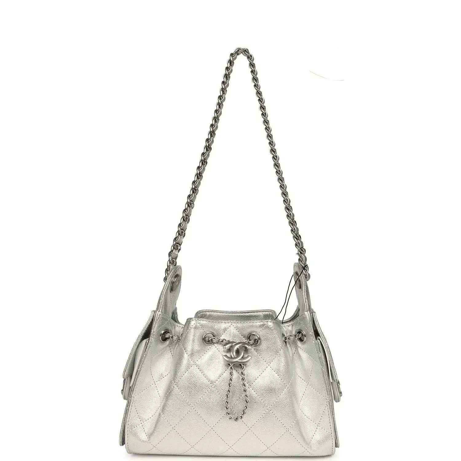 Metallic silver mini hobo bag with quilted caviar texture, chain strap and side tassel