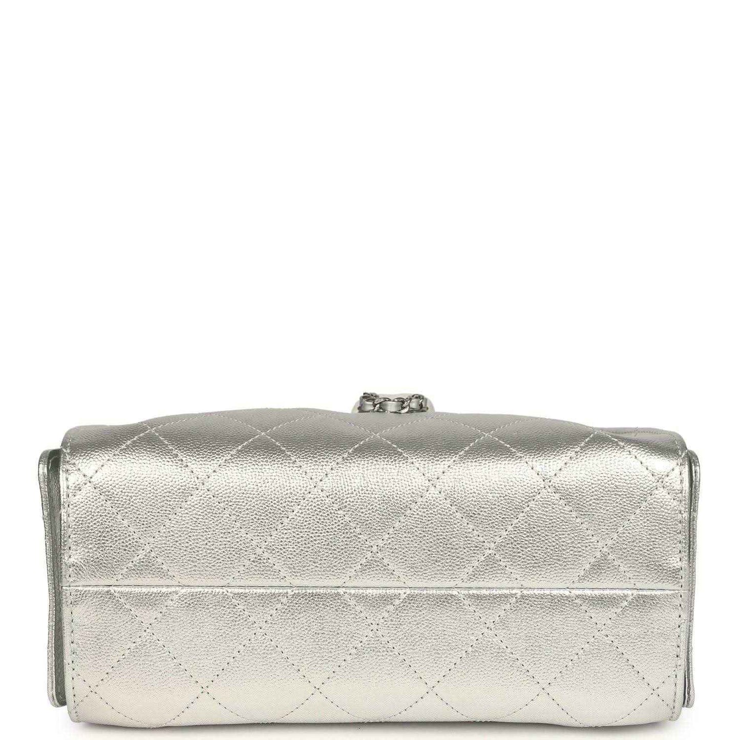 Metallic silver mini hobo bag back panel with quilted pattern and top handle loop