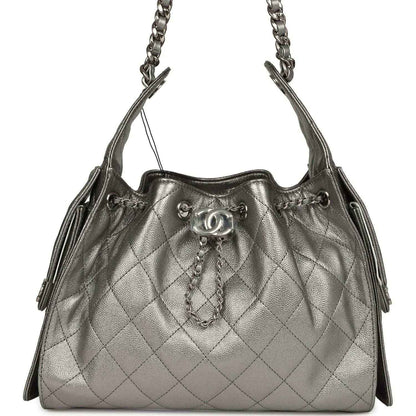 Chanel Small 25 hobo bag, metallic gray quilted caviar leather, chain handles