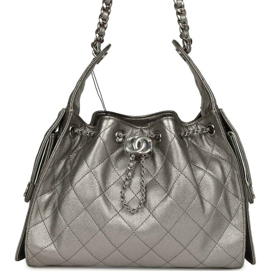 Chanel Small 25 hobo bag, metallic gray quilted caviar leather, chain handles