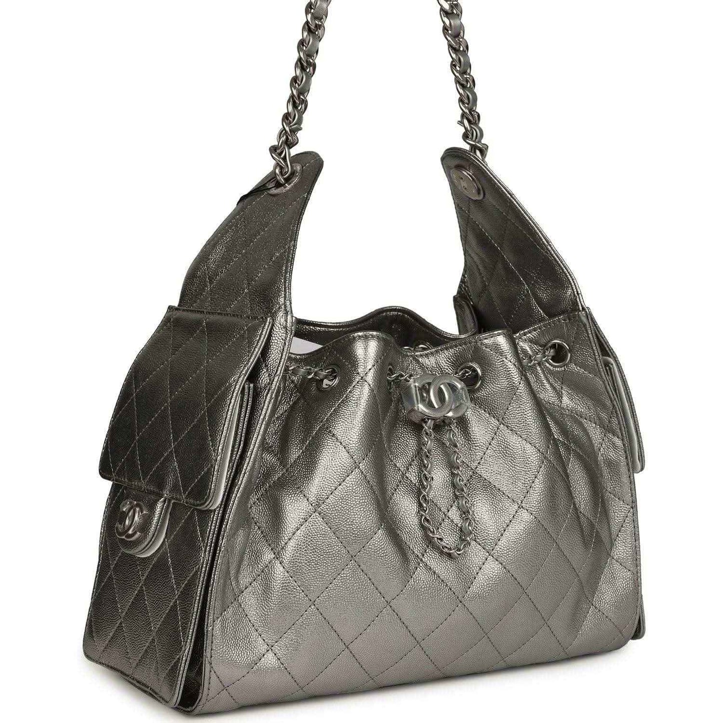 Chanel Small 25 hobo bag, dark metallic gray quilted leather, chain shoulder strap