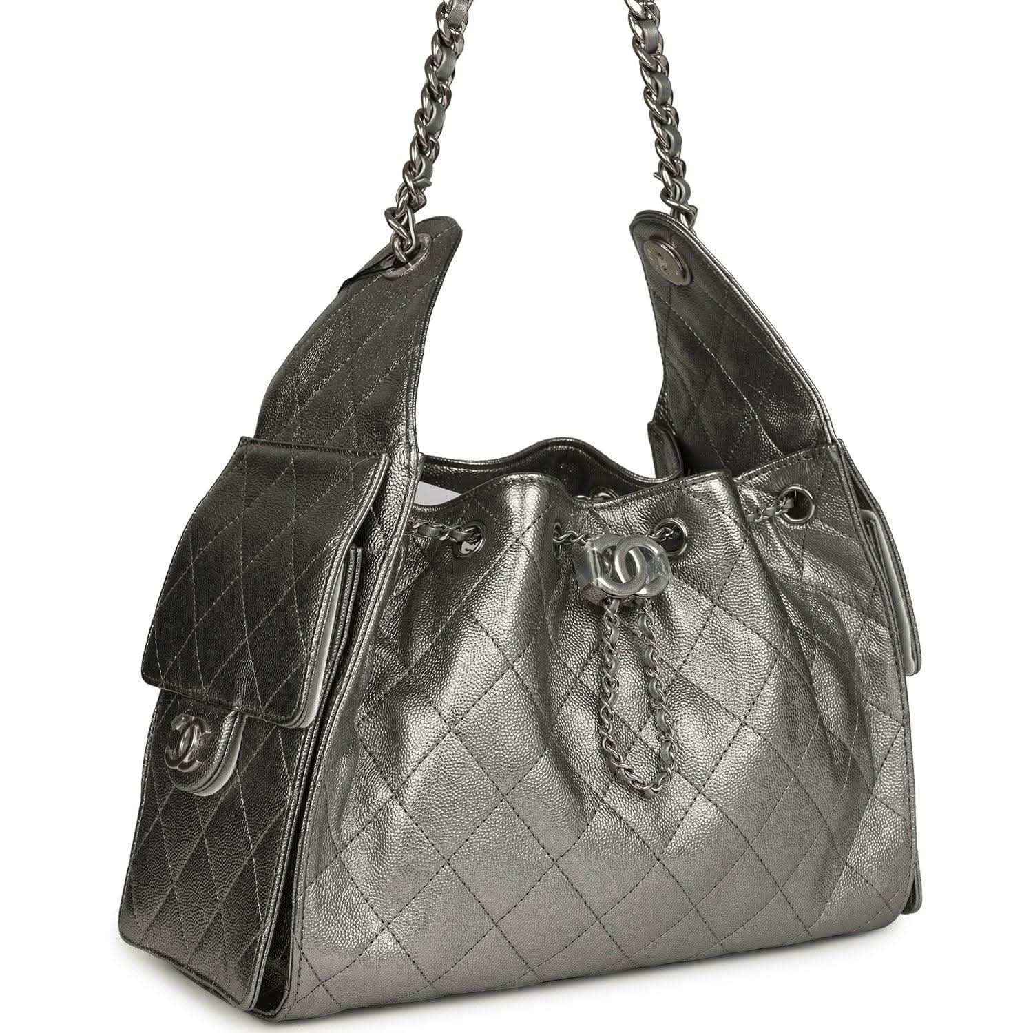 Chanel Small 25 hobo bag, dark metallic gray quilted leather, chain shoulder strap
