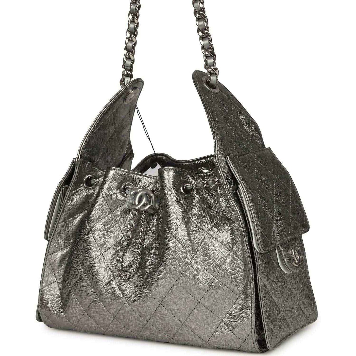 Chanel Small 25 hobo bag, metallic gray quilted leather with side tab details