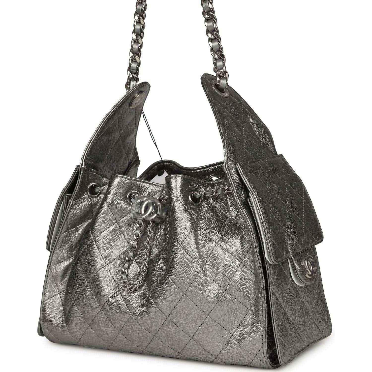 Chanel Small 25 hobo bag, metallic gray quilted leather with side tab details