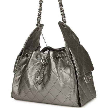 Chanel Small 25 hobo bag, metallic gray quilted leather with side tab details