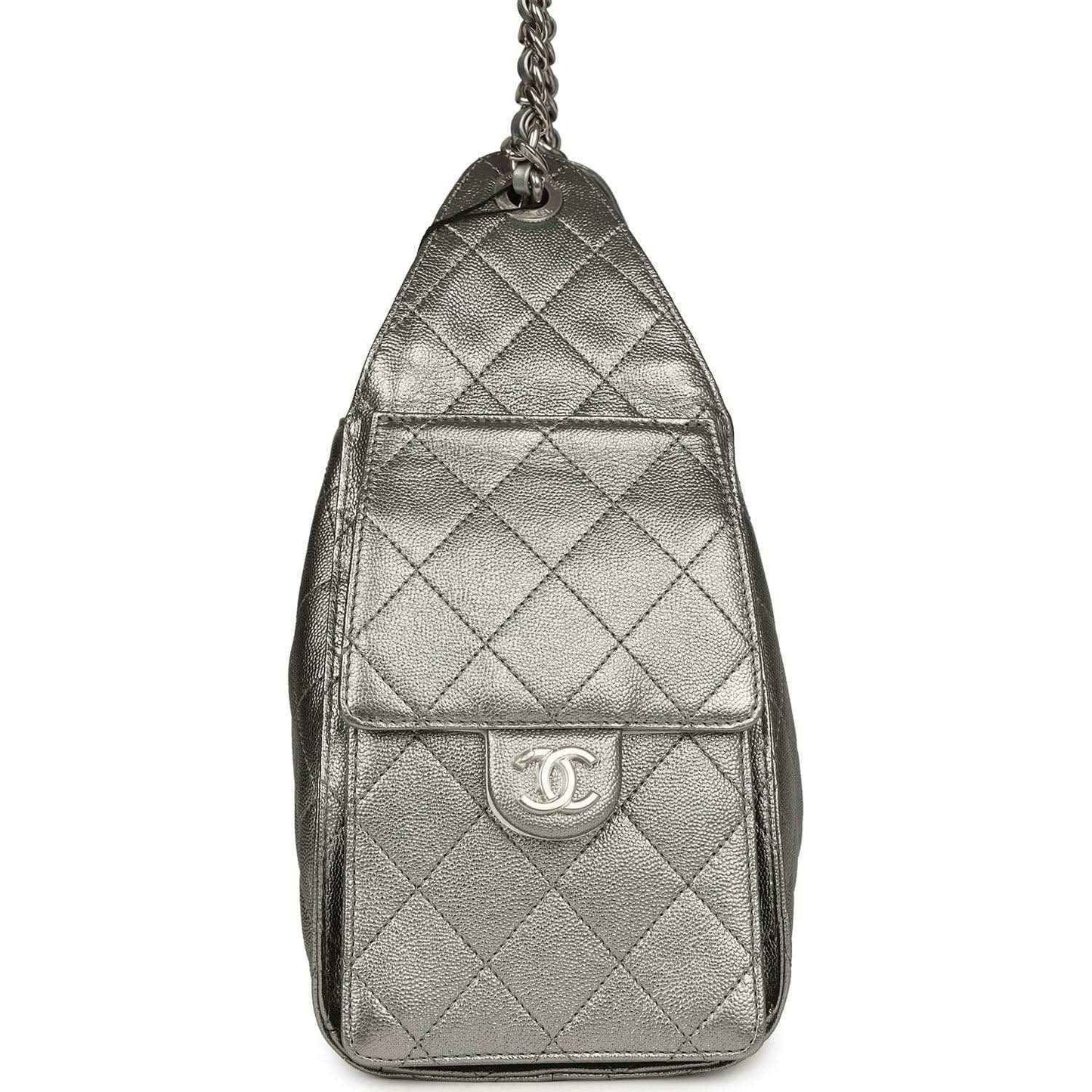 Chanel Small 25 hobo bag back, metallic gray quilted leather with CC logo patch