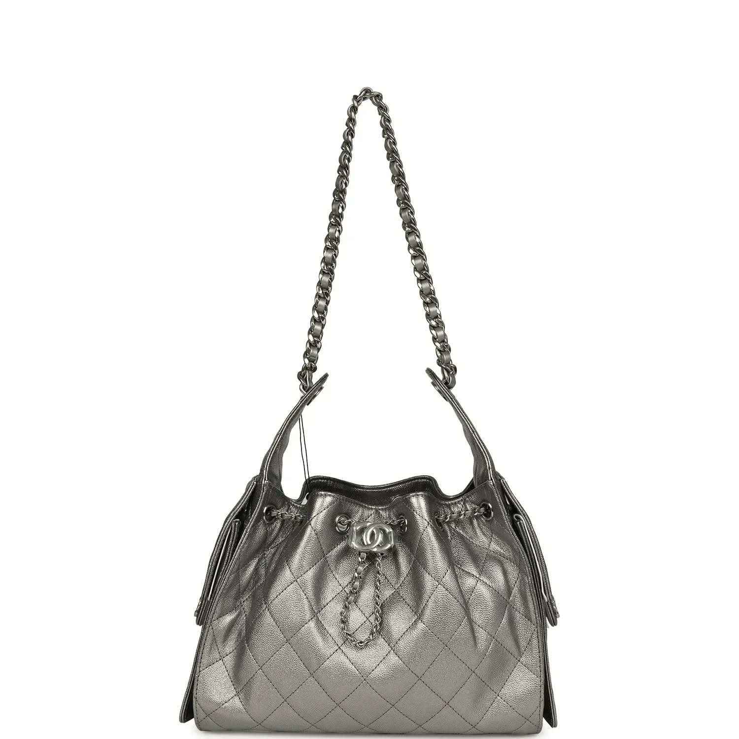 Chanel Small 25 hobo bag, metallic gray quilted leather, chain shoulder straps
