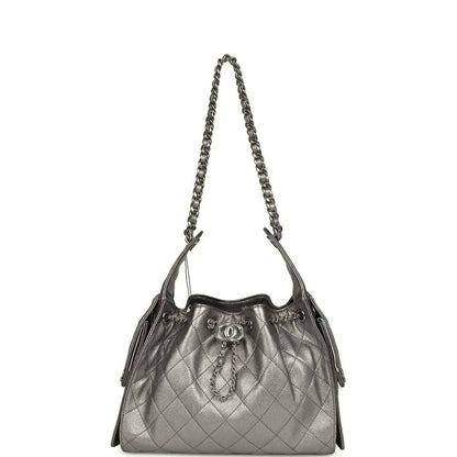 Chanel Small 25 hobo bag, metallic gray quilted leather, chain shoulder straps