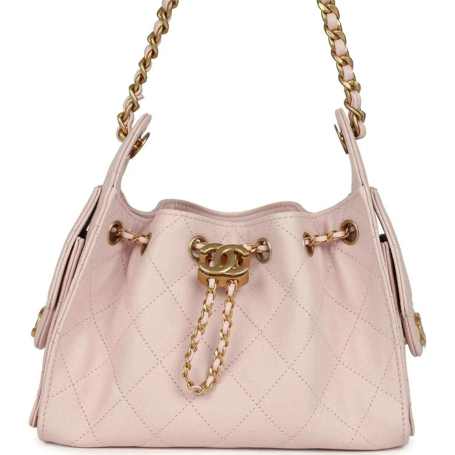 Pink mini hobo bag, diamond quilting, gold chain strap and CC hardware